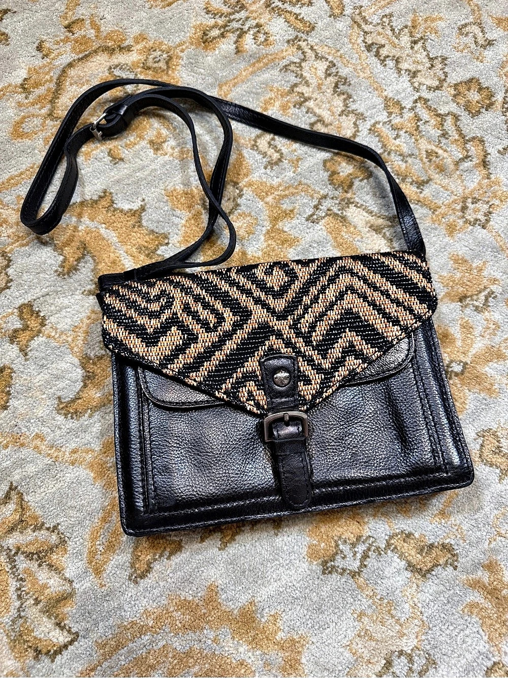 Patricia Nash Black Brown Leather Crossbody Clutch Bag with Tan Woven Flap